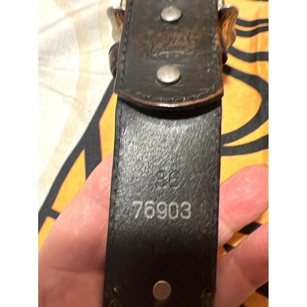 Tony Lama Western Leather Belt • Silver Engraved Buckle • Concho Accents